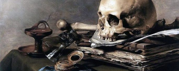 Vanitas Still Life painting - tabletop with skull, paper, trinkets