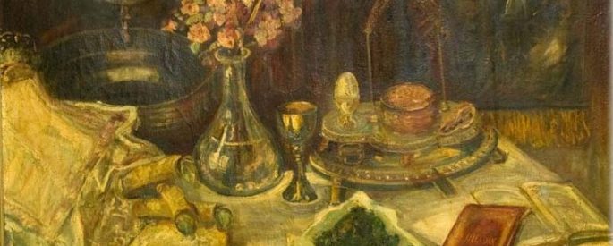 painting of a table set for Passover