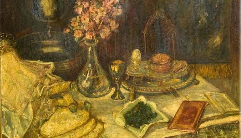 painting of a table set for Passover