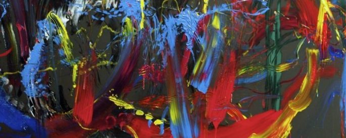 abstract painting with a red and yellow curve on the right side, blue along with red and yellow in the middle against a gray-green background