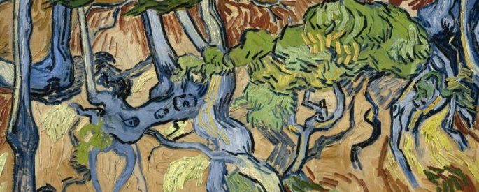 Van Gogh painting of abstracted blue tree roots