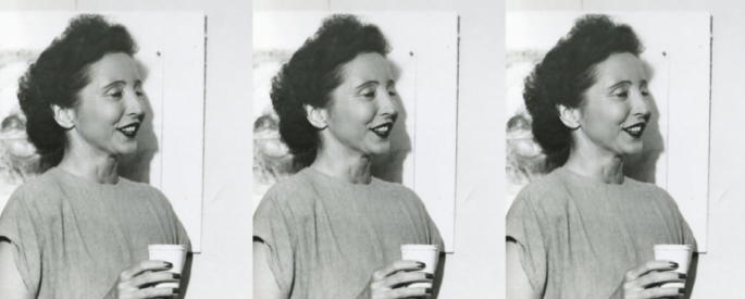 black and white photo in a repeated pattern of Anais Nin holding a cup