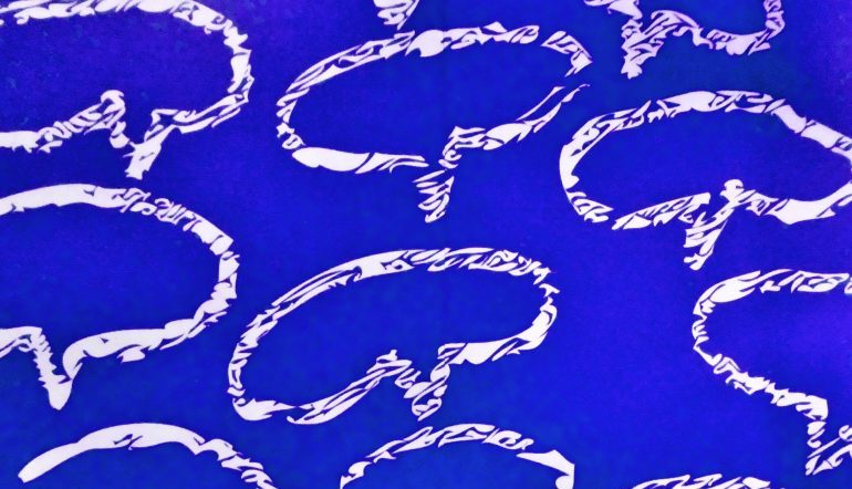 white sketch-like speech bubbles against a blue background