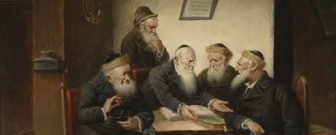 painting of a group of rabbis sitting around a table