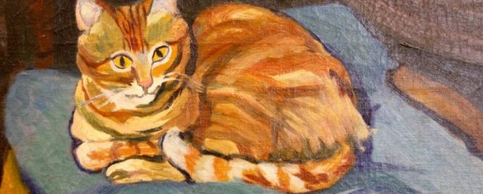 painting of an orange cat resting on a blue cushion