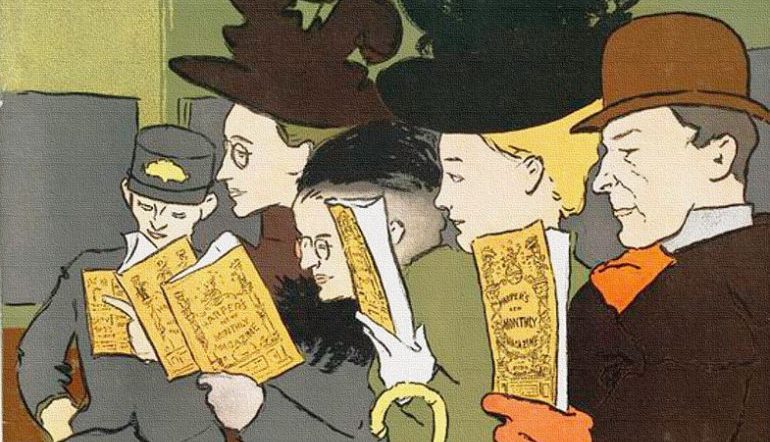 cartoon drawing of train passengers reading