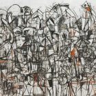 a crowded abstract drawing of black and white with orange accents