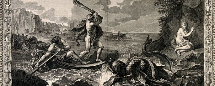 Engraving of Hercules rescuing Hesione from a sea-monster.