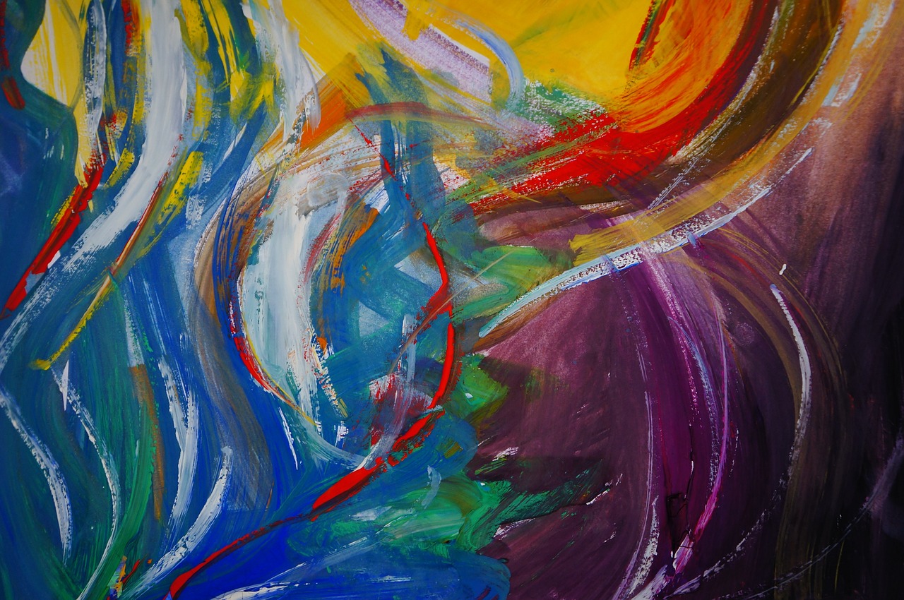 Colorful abstract painting features swirling brushstrokes in a variety of colors