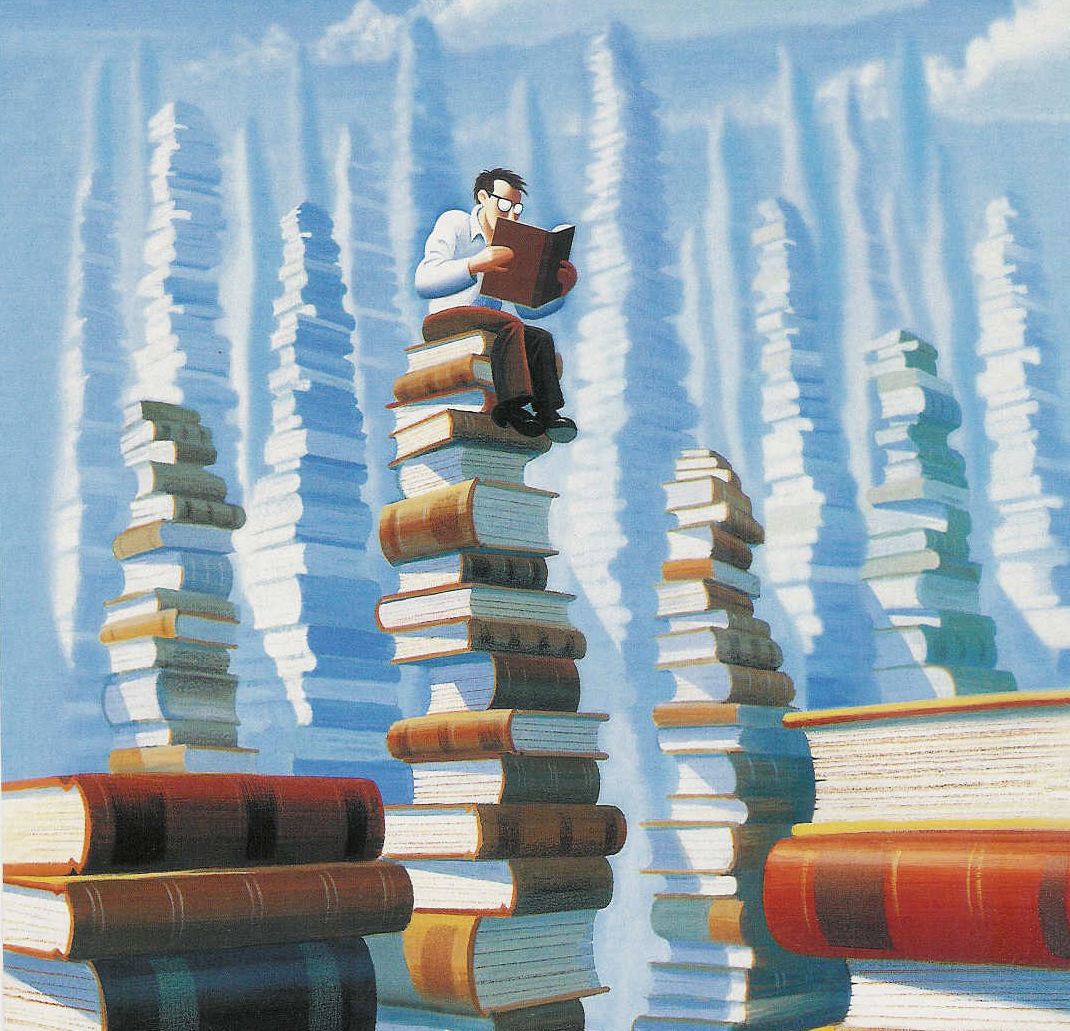 illustrated rendering of stacks of books that resemble skyscrapers - a man with glasses sits atop one of these stacks reading a book