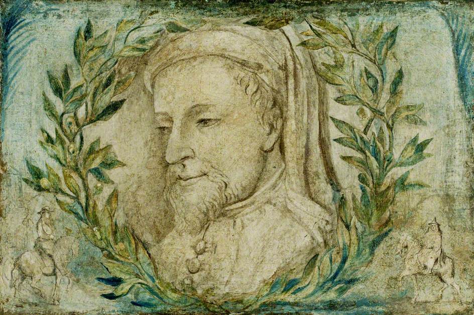 A stone engraving of Geoffrey Chaucer's head surrounded by a wreath