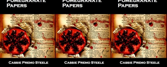 Three images of The Pomegranate Papers side-by-side. A pomegranate cut in half with seeds spilling onto and staining a book page.