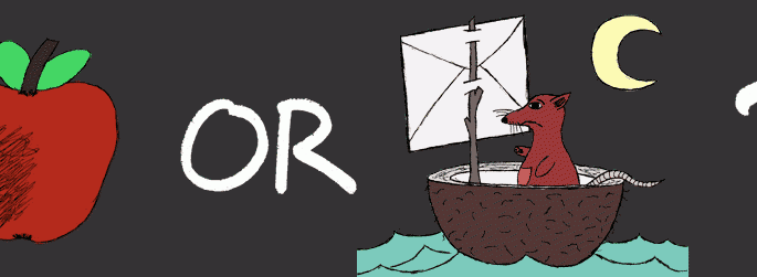 cartoon drawing, which poses a question in the illustration: a drawing of an apple, with the word "or", a small marsupial in a coconut boat on an ocean and a question mark