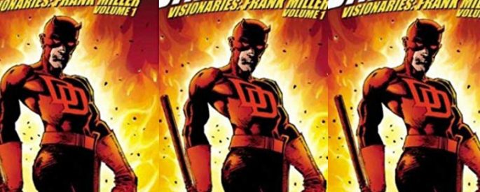The cover of the comic book Daredevil, with a man wearing a red suit holding a weapon, and fire surrounding him in the back.