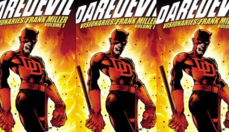 The cover of the comic book Daredevil, with a man wearing a red suit holding a weapon, and fire surrounding him in the back. 