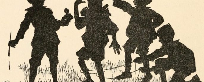 Cartoon illustration of a group of silhoutted children laughing