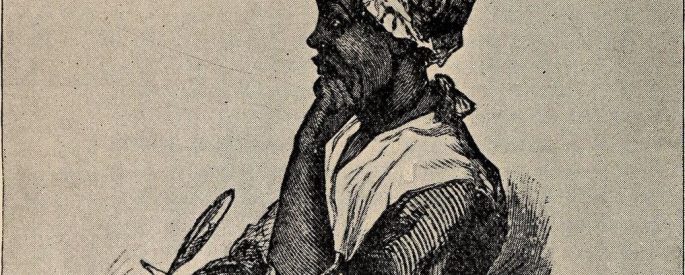 A young Phillis Wheatly sits poised ready to write with one hand holding a pen and paper, the other propped under her chin.