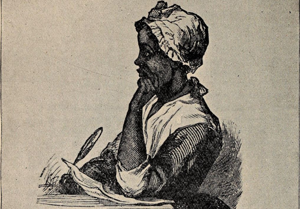 A young Phillis Wheatly sits poised ready to write with one hand holding a pen and paper, the other propped under her chin. 