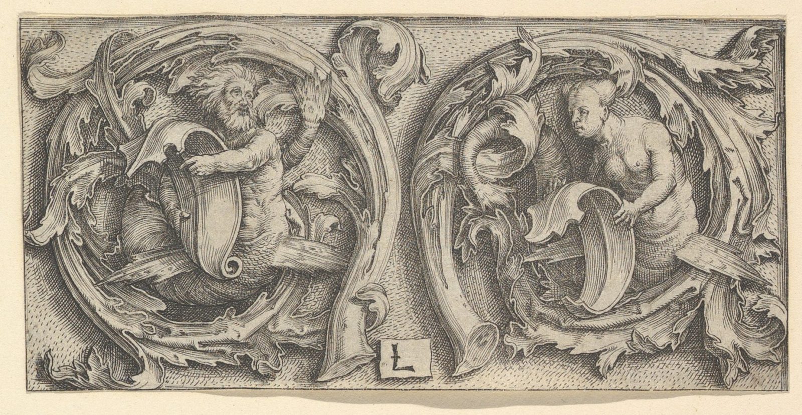 image is an old etching depicting Triton and a siren
