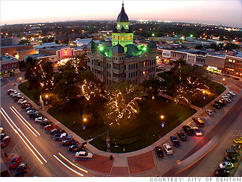 photograph of Denton Courthouse at night from an aerial view