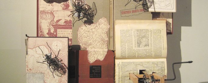 photo of an abstract 3D art piece that is constructed of books and wire sculptures of bugs