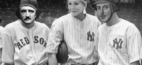 black and white photograph of three baseball players, but their faces have been photoshopped with the faces of JK Rowling, Edgar Allen Poe, and Shakespeare