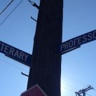 photo of a street sign that bears the street names "LITERARY" and "PROFESSOR"
