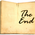 ancient, battered-looking book with the words "THE END" in calligraphy-esque writing displayed on the second page