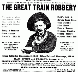 poster for "The Great Train Robbery" features an old-timey robber with a pistol pointed at the viewer as though in a "wanted" post, "EDISON FILMS" is the header
