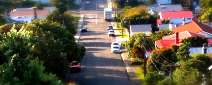 blurred photograph of a suburban street with tall trees and colorful roofs