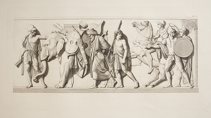 In a procession, characters in the style of Ancient Greek dress, with various ancient weapons, walk in an etching.