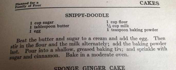 a photograph of a page from a recipe book with the headers "Snippy-Doodle" and "Sponge Ginger Cake"