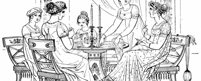 Drawing of young ladies at a traditional tea
