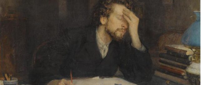 Painting of a writer holding his head in his hands in front of a crowded desk