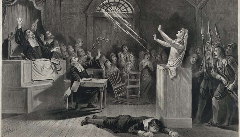 Salem Witch Trials in courtroom with woman summoning lightning from outside window