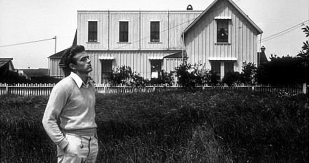 Black and white still of James Dean from East of Eden