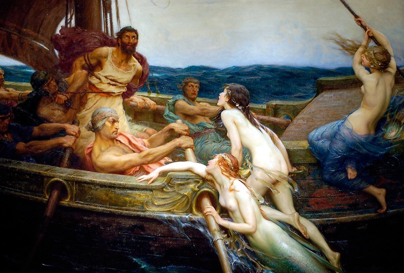 Painting of sea nymphs climbing into a boat being rowed by men