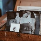 Old photos in a brown box.