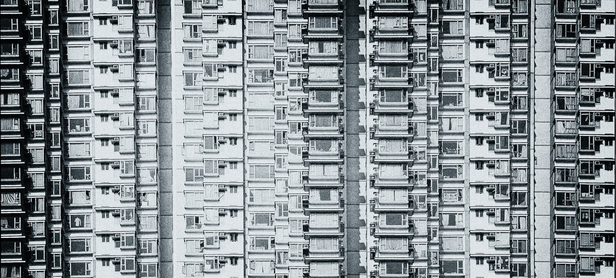 A black and white image of a Hong Kong Apartment Building