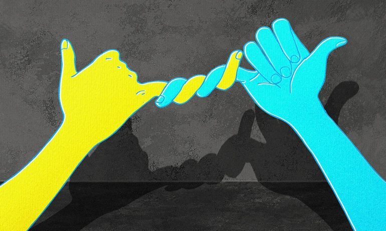 Illustration of two hands with their pinky fingers intertwined, the fingers loop around each other a couple of times. 