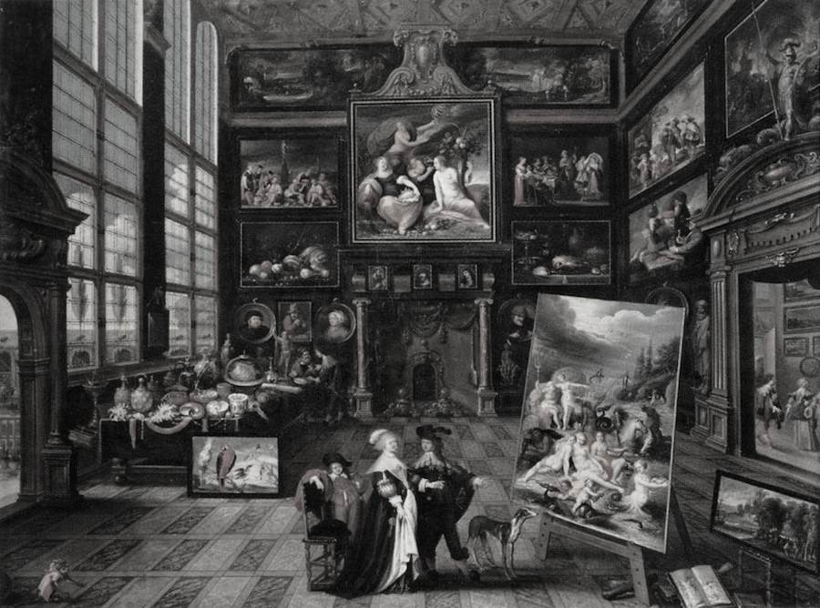 Black and white picture of a painting of people looking at paintings.