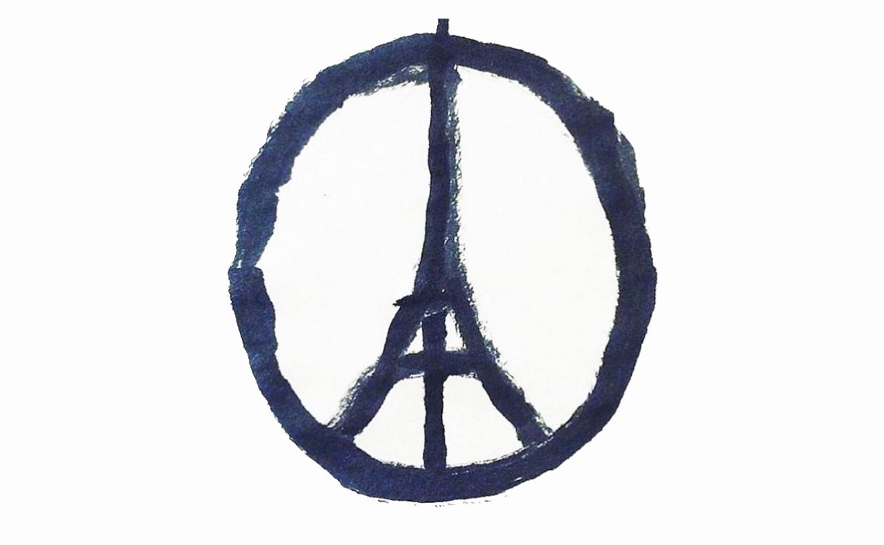 Illustration of a peace sign made with an Eiffel tower on the middle. 