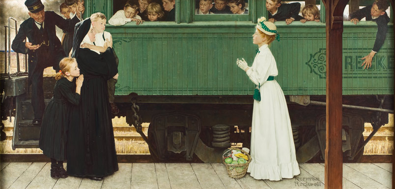 Picure of an "orphan train" a woman in a period white dress stands in front of it facing a nun carrying a baby while a girl hides behind her.