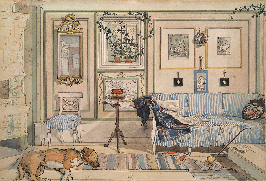Carl Larsson-Lathörnet illustration of a dog sleeping on a living room floor