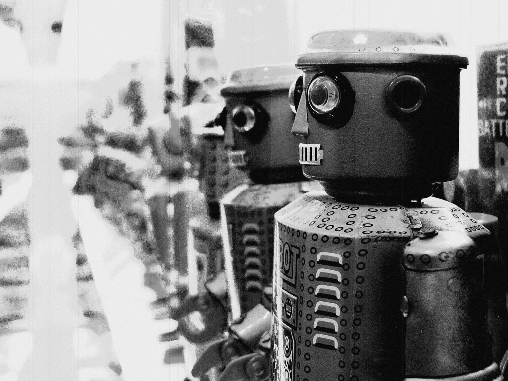 Black and white picture of old-fashioned robots