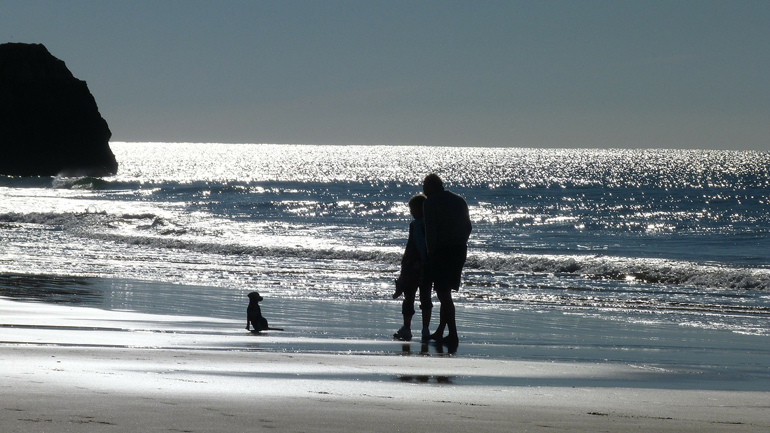 A picture of a couple standing by the sea on the beach with a little dog sitting by them. 