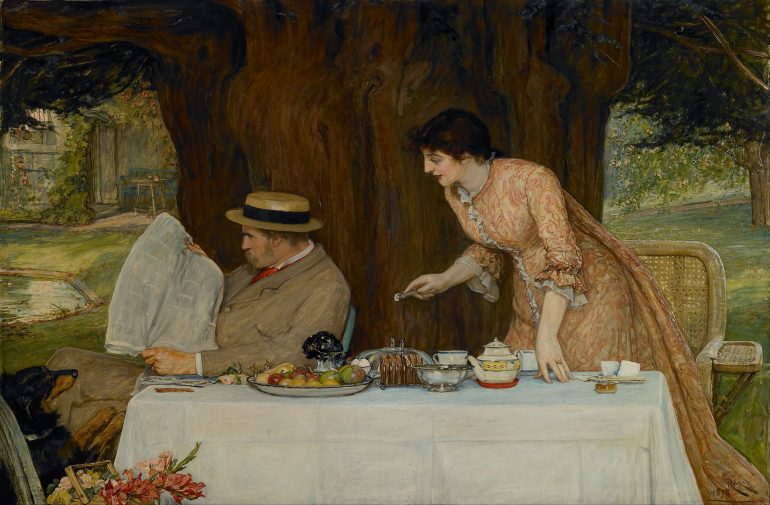 Painting of a woman leaning over a man's shoulder as he sits reading the news paper, both are outside having supper by a tree