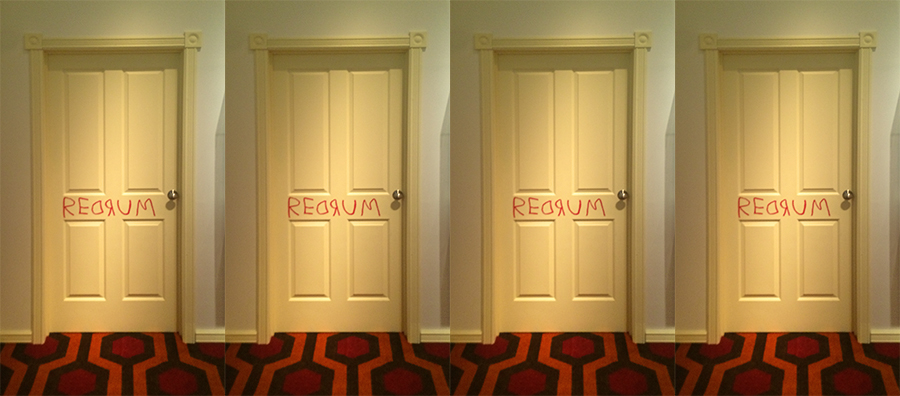 Side by side pictures of a white door with the word "Redrum" written on it. 
