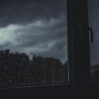 Rain soaked window at night