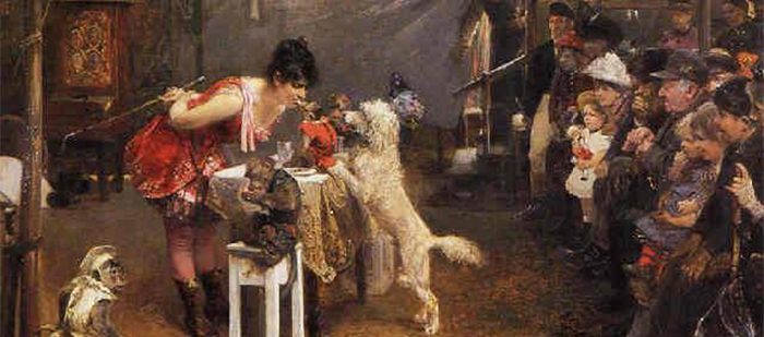 Old Friedrich, a woman leaning down over a table, a white dog on his two paws jumping at her. 